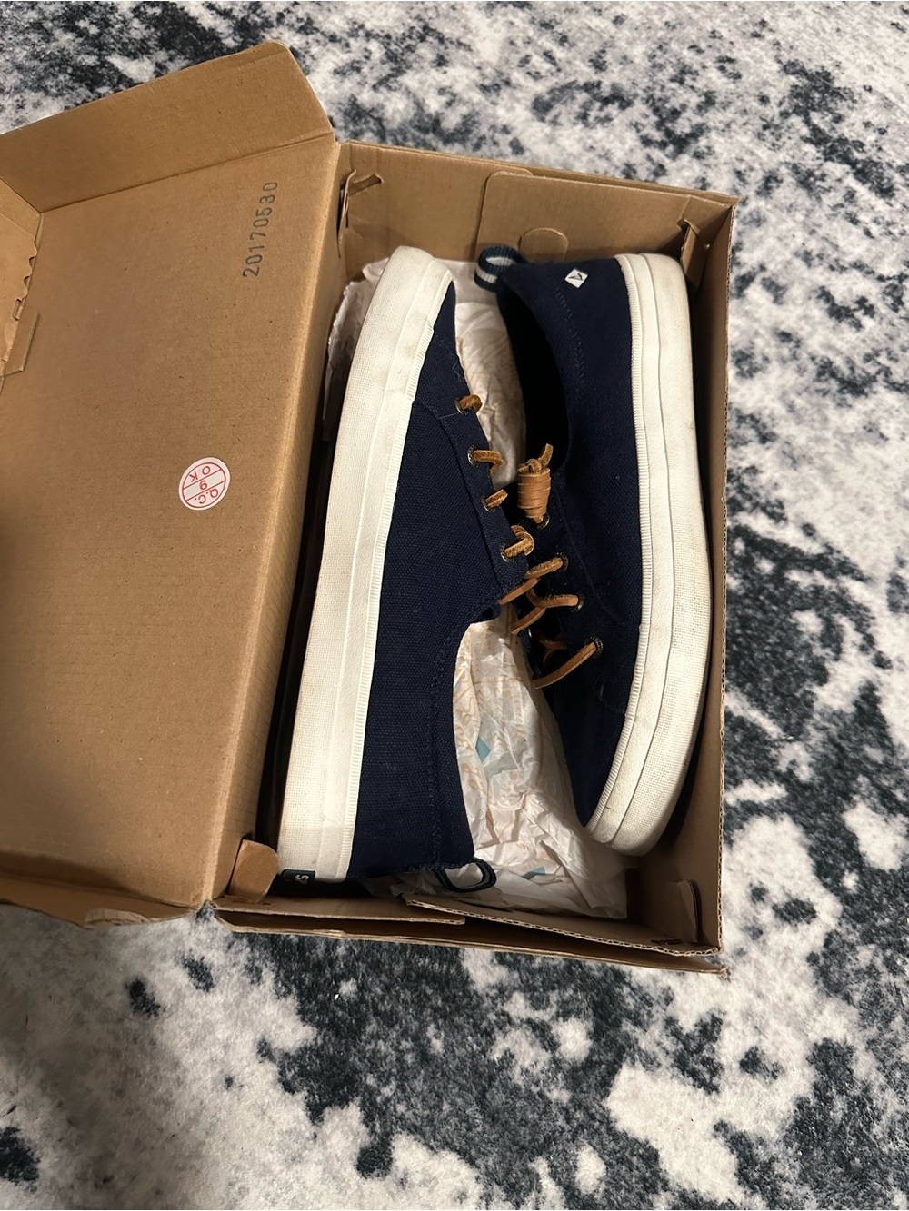 Sperry Navy Canvas Sneakers with White Sole and Brown Laces